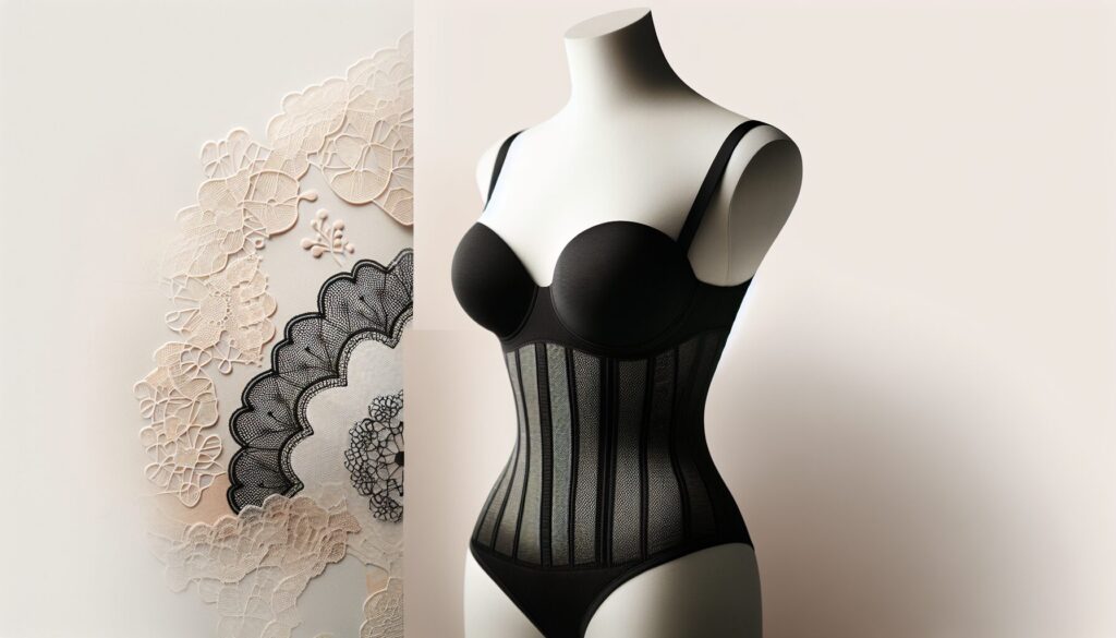 Body gainant push-up noir en dentelle, sculptant et affinant la silhouette pour un look élégant et sensuel.