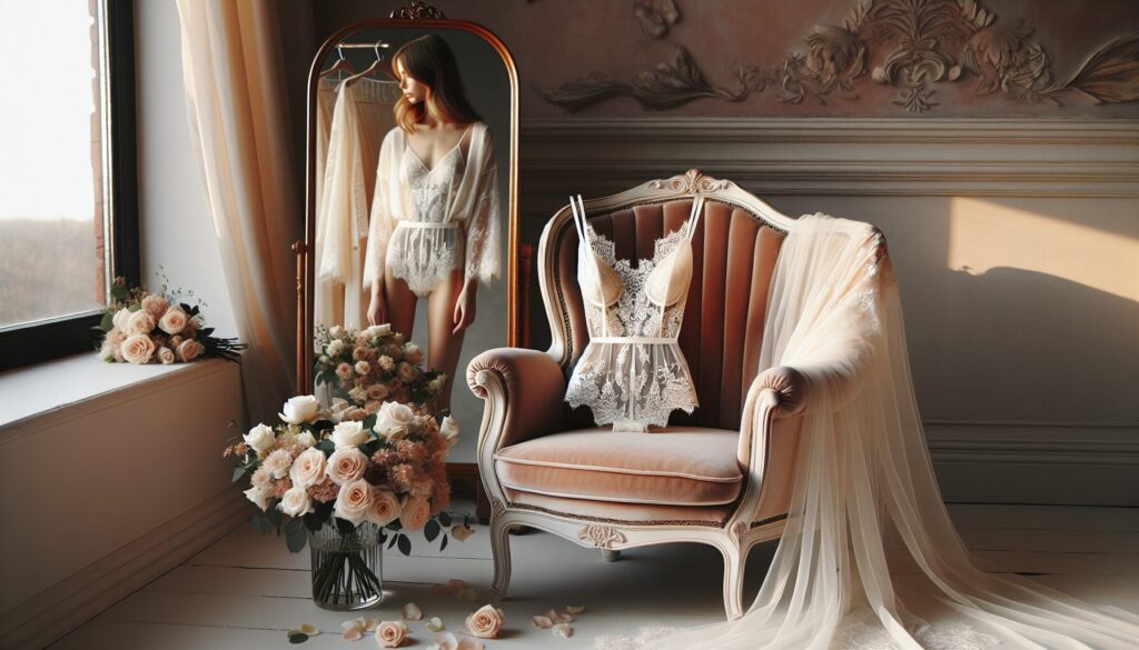 Lingerie gainante mariage : une mariée se prépare, entourée de dentelle et de fleurs, dans une ambiance romantique.