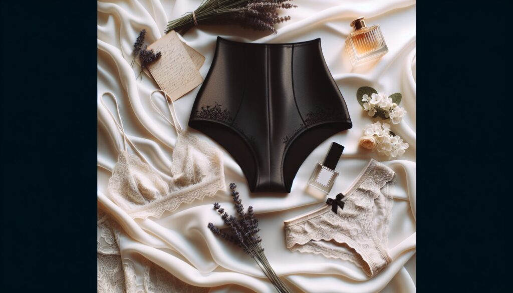 Shorty gainant ventre plat noir, lingerie fine, parfum et fleurs pour un look élégant et féminin.